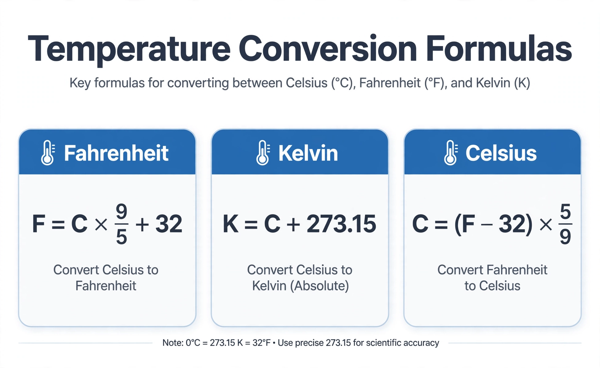 Formula cards showing the key temperature conversion formulas: Fahrenheit, Kelvin and Celsius