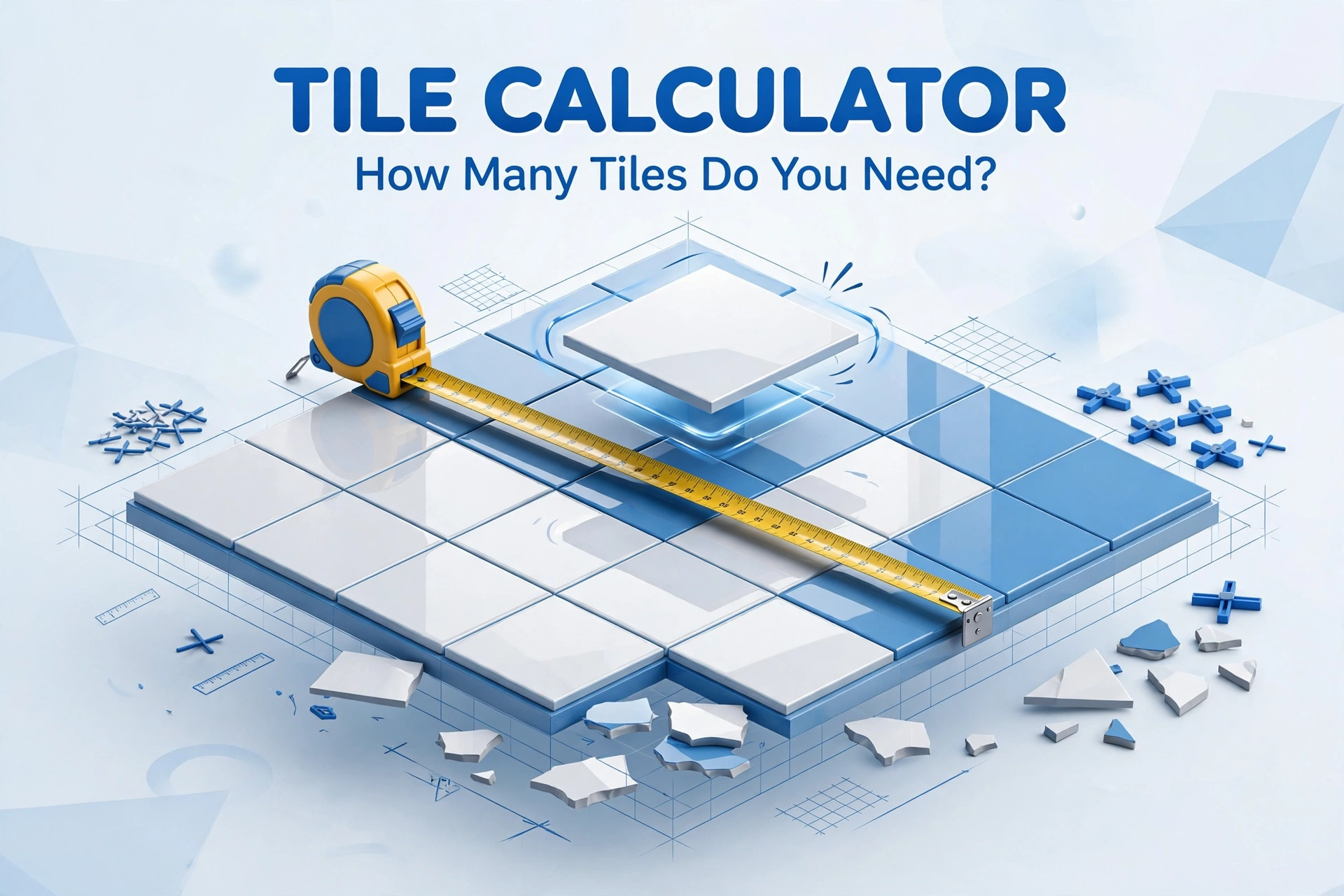 3D illustration of a tile layout plan: a room floor grid with large ceramic tiles being placed, a tape measure across the floor, and cut tile pieces at the edges
