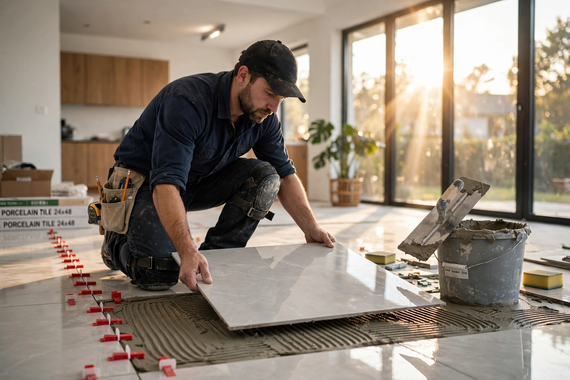 Professional tile installer laying large glossy floor tiles with red leveling spacers, a trowel, and a grout bucket nearby