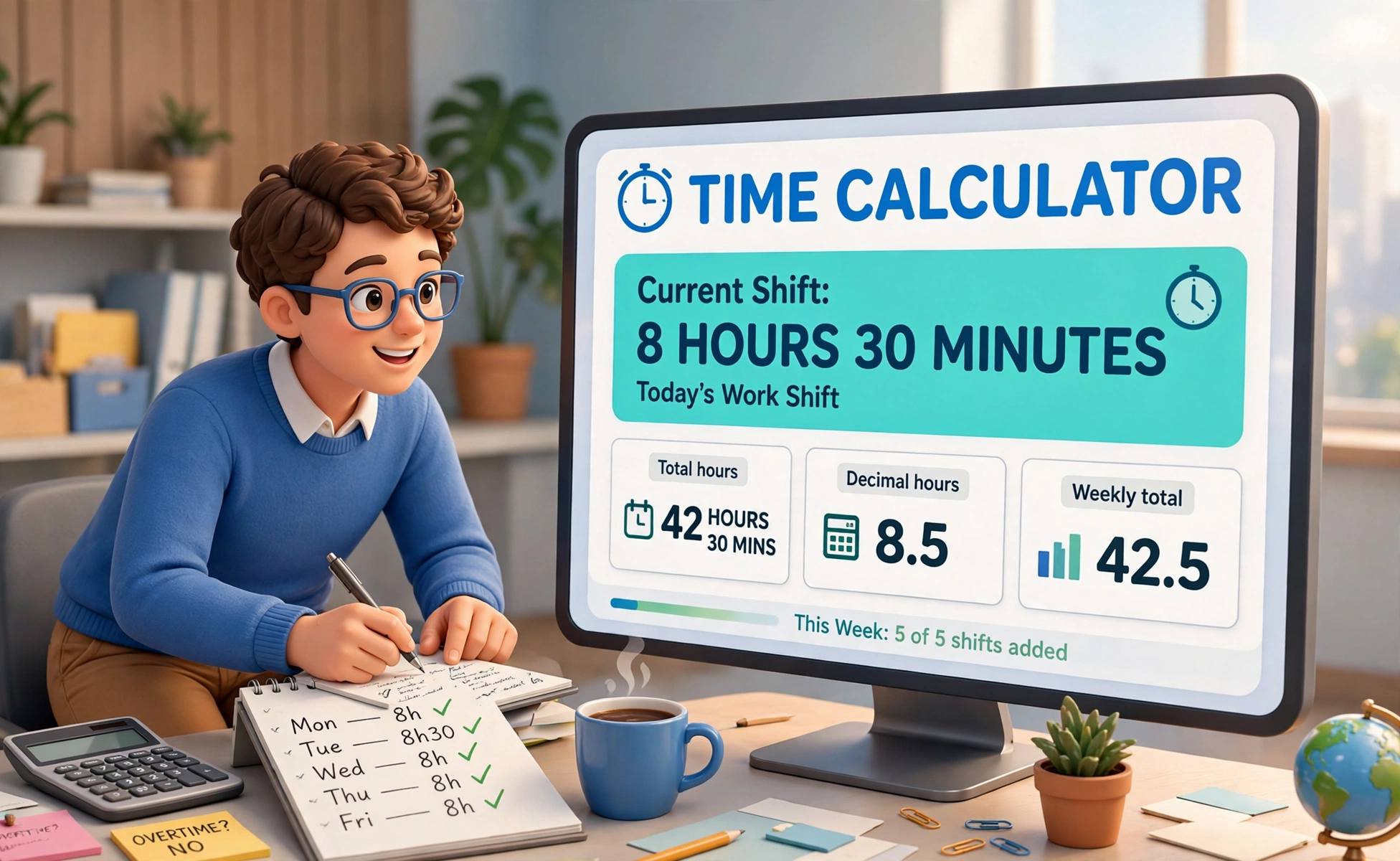 Time calculator second hero: a person adding work shift hours on a large screen showing 8 hours 30 minutes