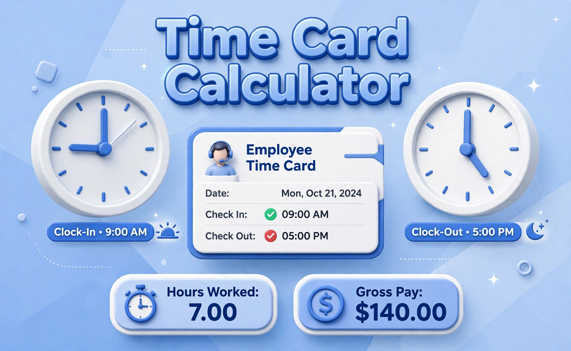 Time card calculator hero: a clock showing 9:00 AM clock-in and 5:00 PM clock-out with labels Hours Worked 7.00 and Gross Pay $140.00