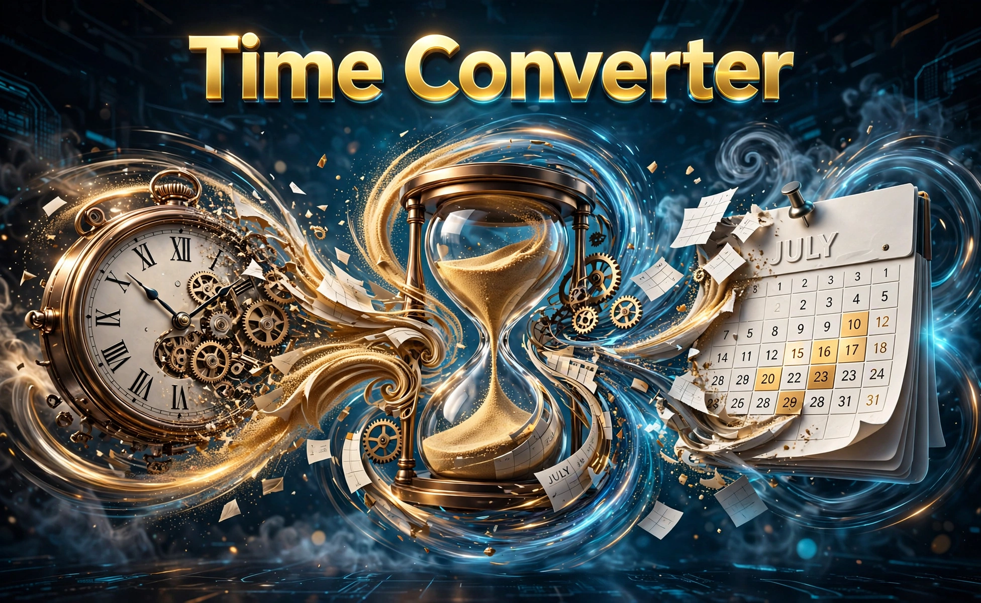 3D-style hero illustration of clocks, hourglasses and calendars morphing into each other with motion swirls and Time Converter text