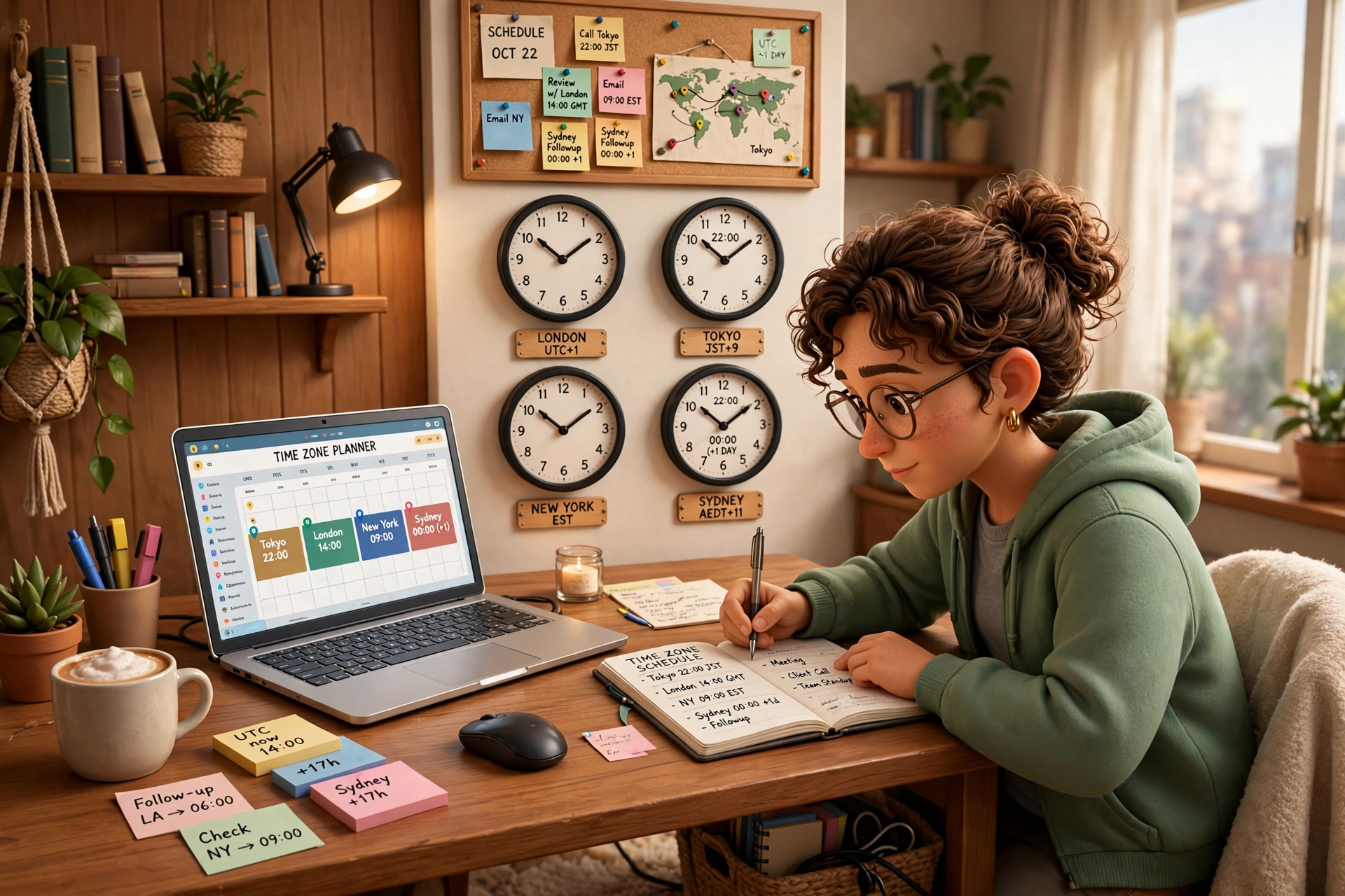 3D scene of a person planning a schedule across time zones with multiple world clocks on a wall and a laptop