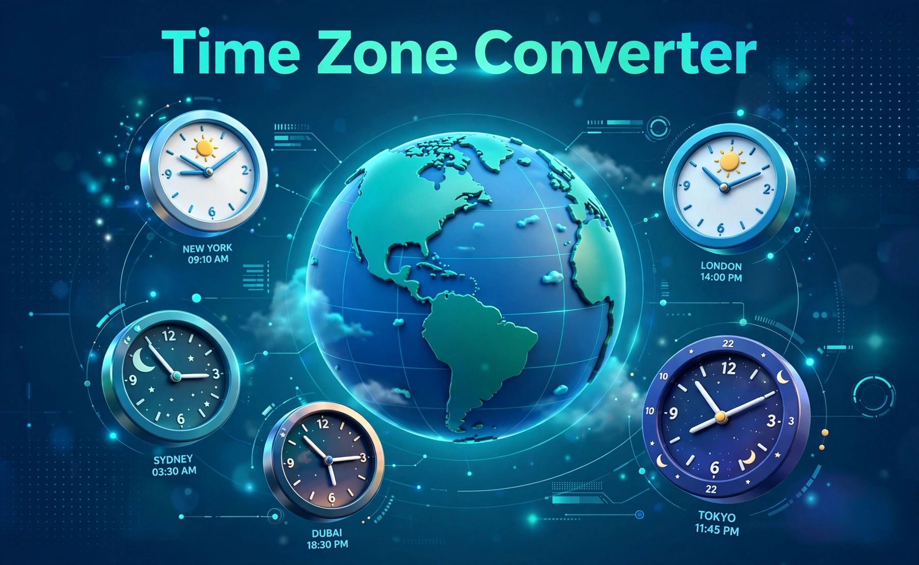 Time Zone Converter — 3D illustration of a globe surrounded by clocks showing different local times in New York, London, Dubai, Sydney and Tokyo