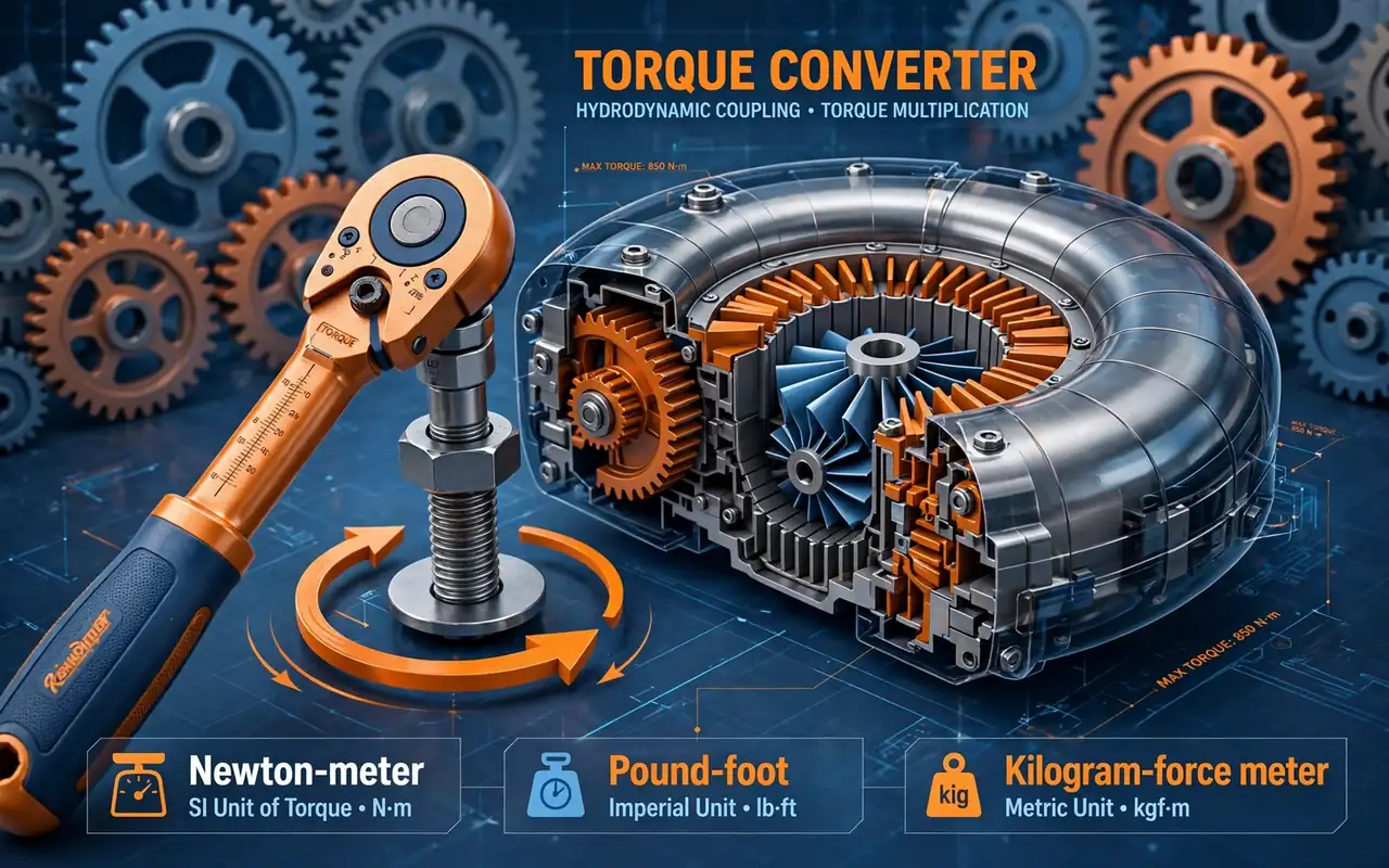 Torque hero: 3D torque wrench tightening a bolt with rotation arrow and unit labels