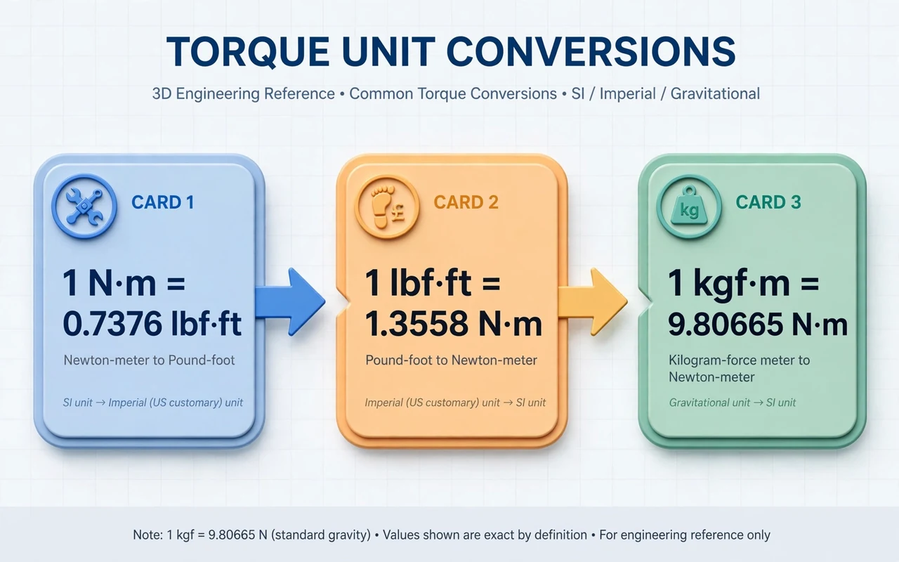 Torque chart: conversion cards for N-m to lbf-ft, lbf-ft to N-m, kgf-m to N-m