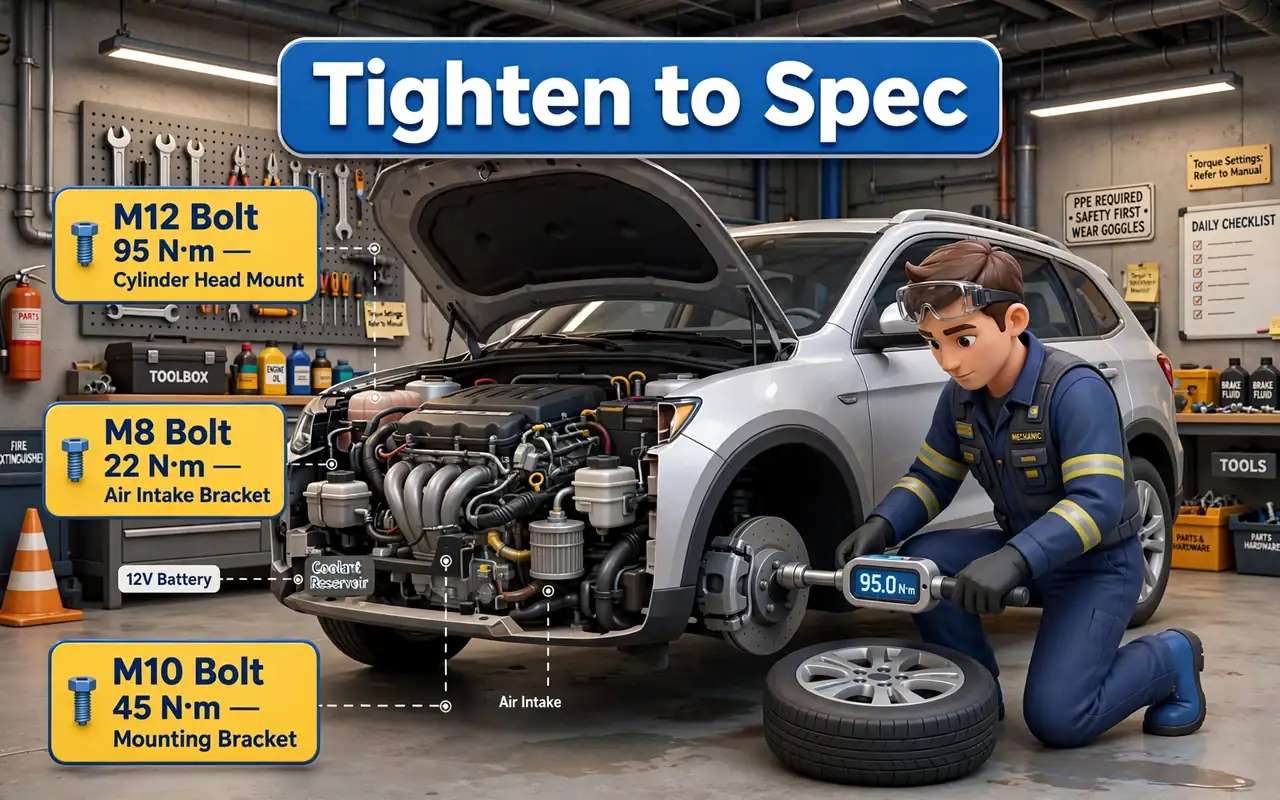 Torque second hero: mechanic using torque wrench on a car wheel in a garage