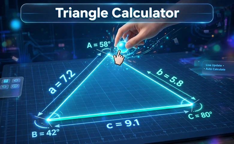 3D hero illustration of a glowing triangle with labeled sides a, b, c and angle markers, with a cursor dragging one vertex