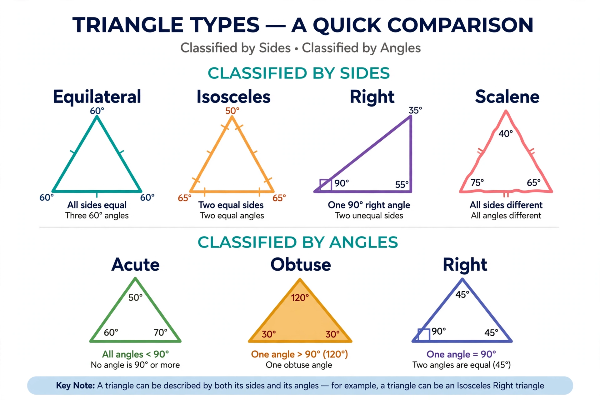 Infographic comparing equilateral, isosceles, right and scalene triangle types with angle classifications