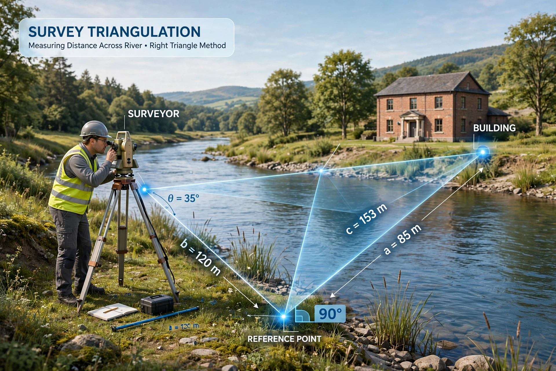3D illustration of a surveyor measuring across a river with a glowing triangle overlay showing sides and angles