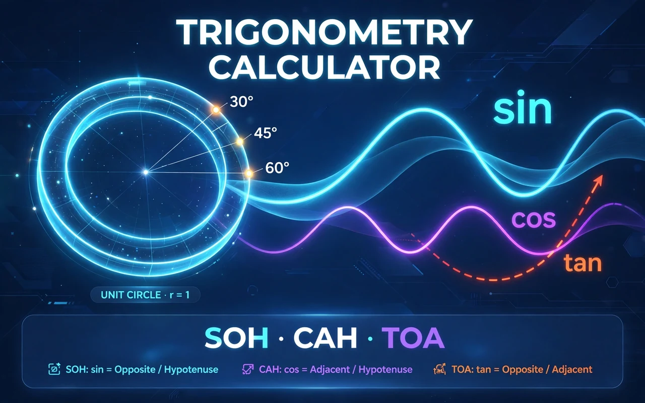 Trigonometry hero: glowing unit circle with sine and cosine waves and key angle labels