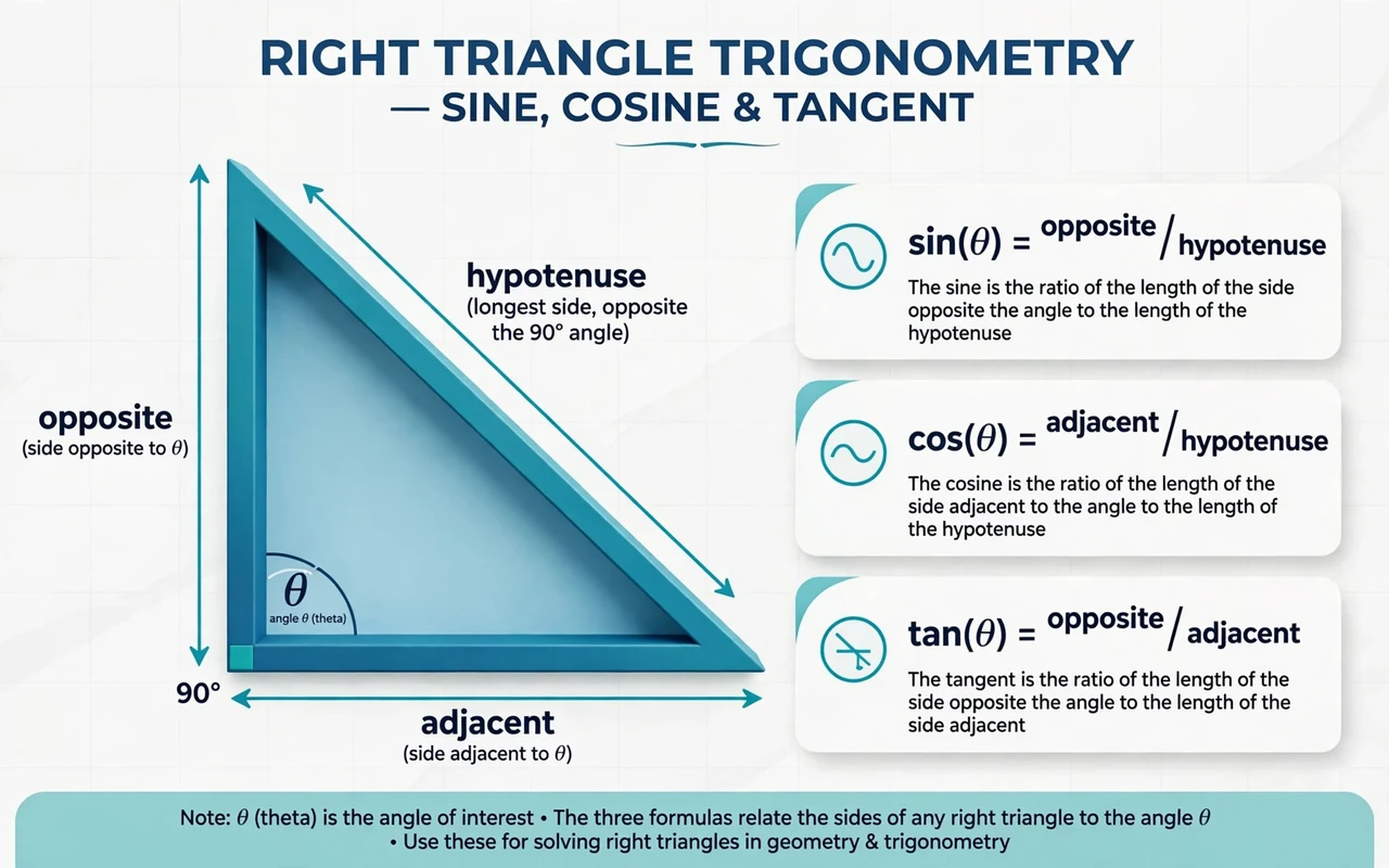 Trig chart: right triangle with labeled sides and the SOH-CAH-TOA formulas