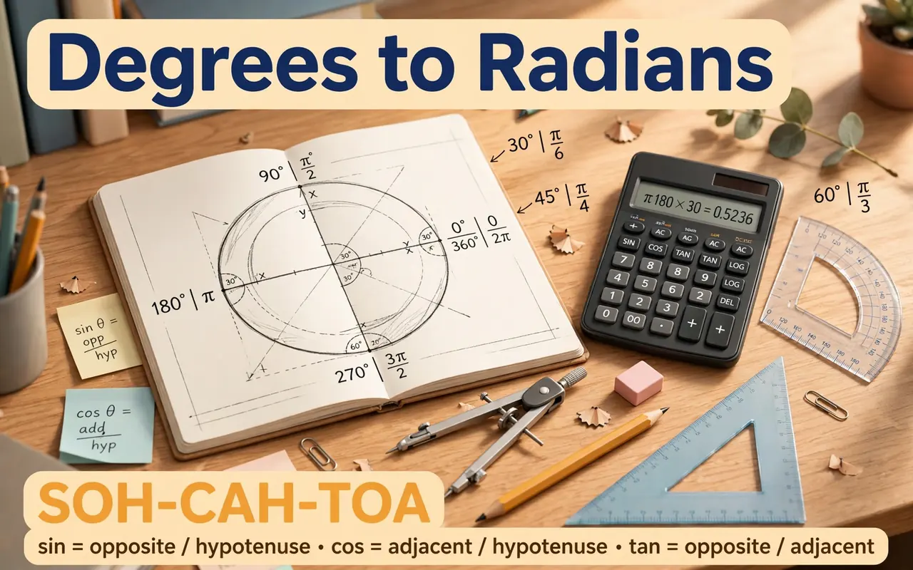 Trigonometry second hero: student desk with calculator, notebook unit circle, and SOH-CAH-TOA