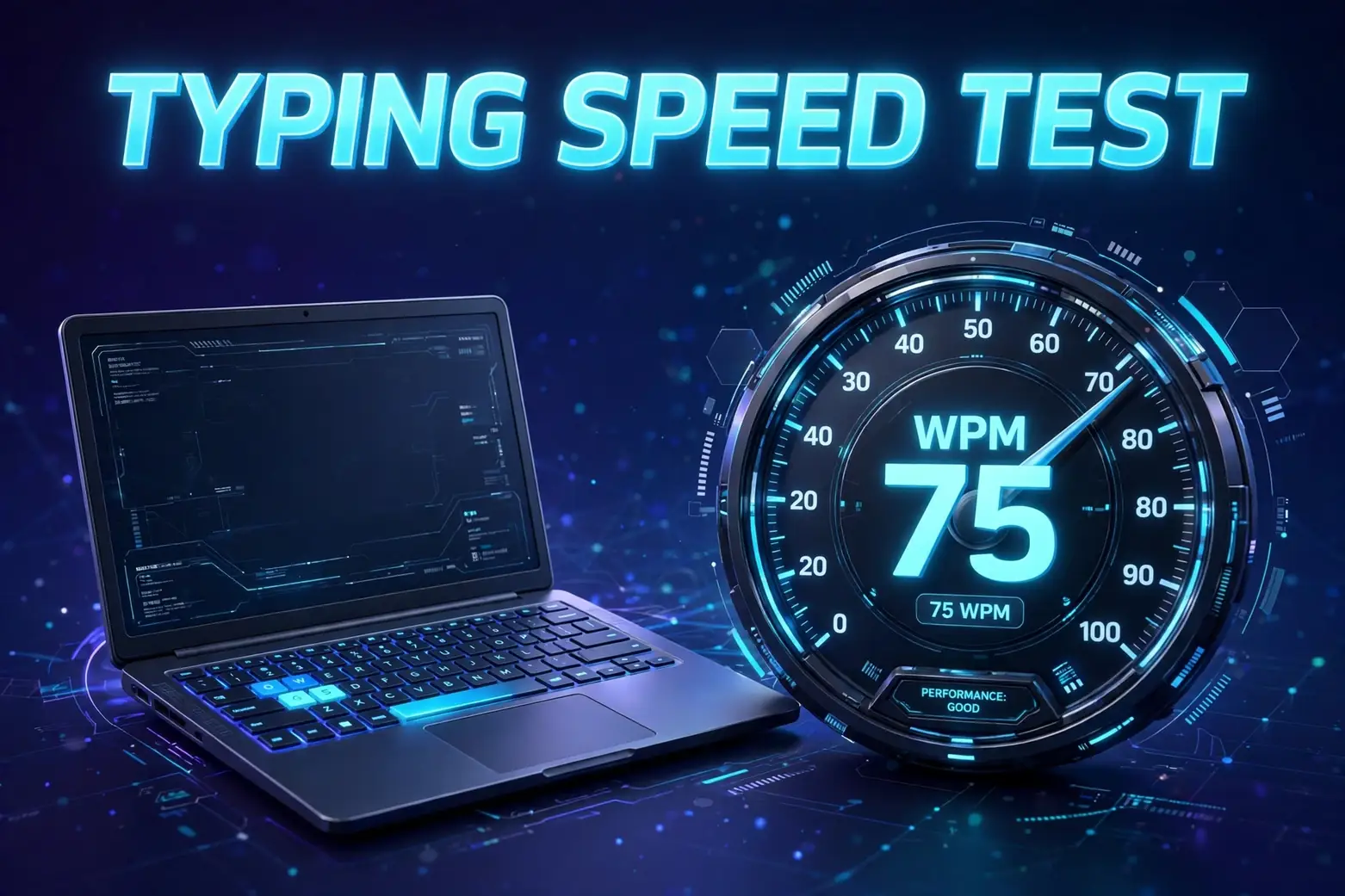 Typing speed hero: 3D laptop keyboard with a WPM speedometer gauge