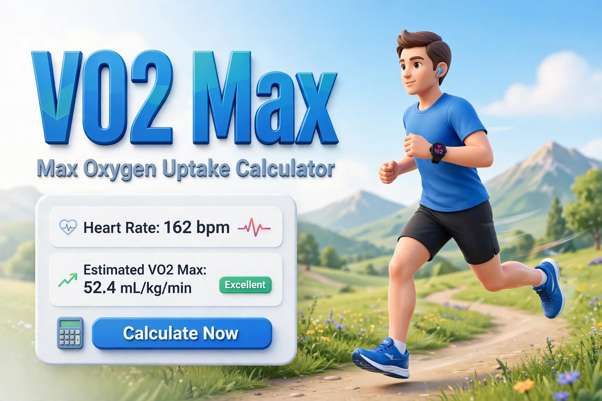 VO2 max calculator hero: large 3D runner with heart rate and oxygen uptake labeled