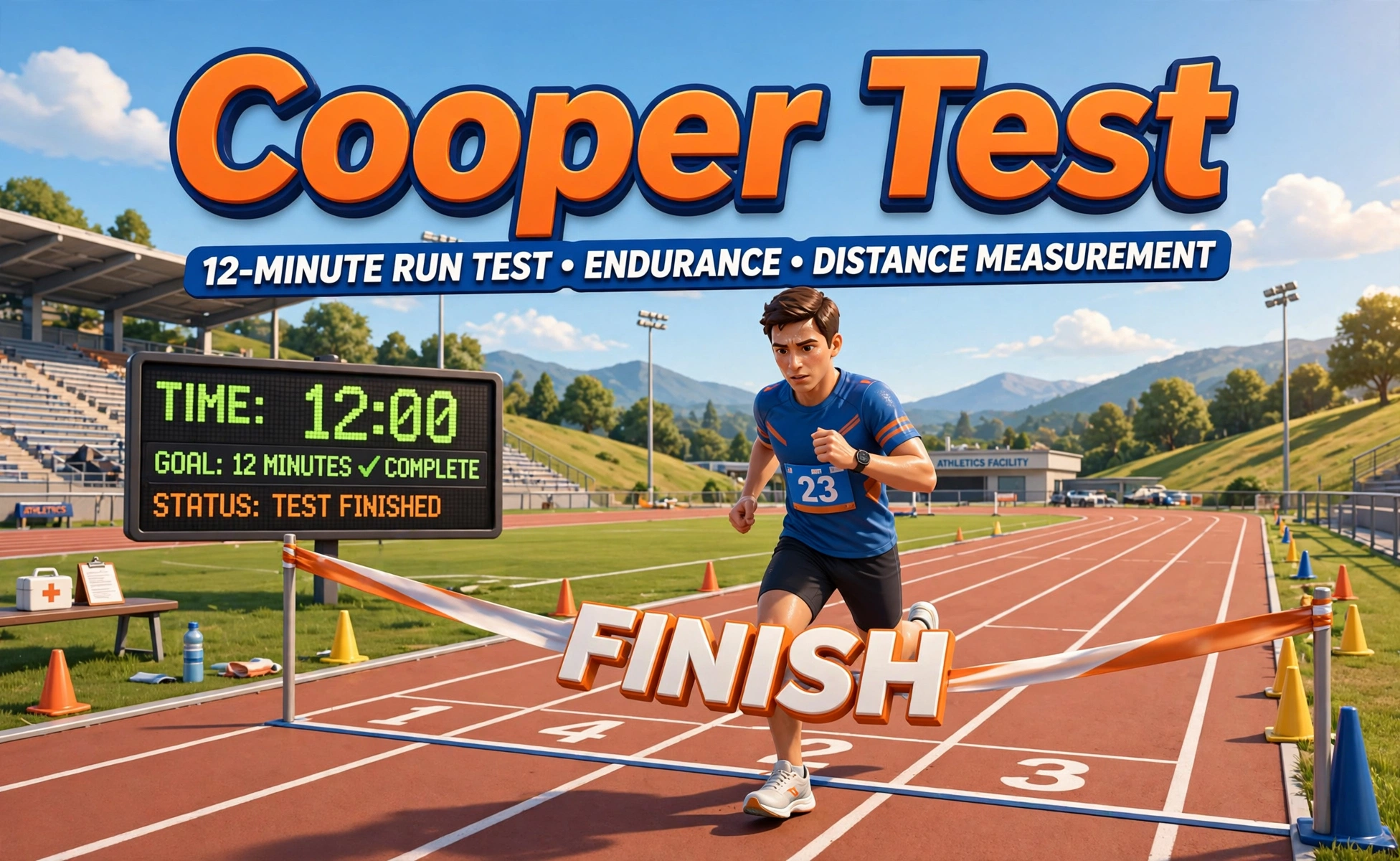 VO2 max calculator second hero: a runner finishing a 12-minute Cooper test on a track
