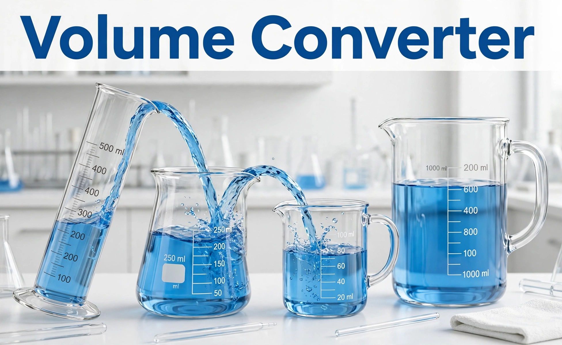 Volume Converter — 3D illustration of glass beakers and measuring jugs with blue liquid being poured between them