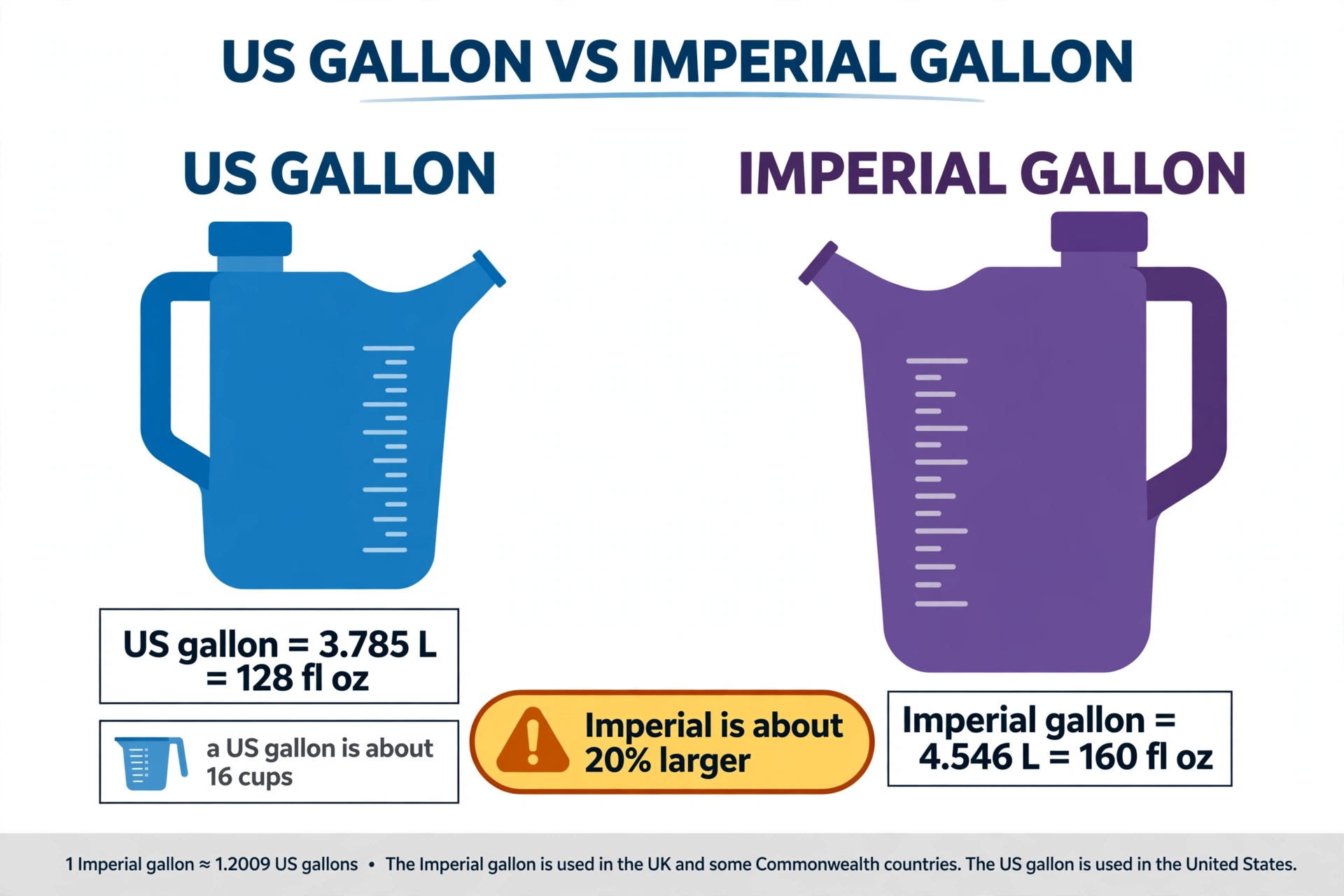 Comparison diagram of a US gallon jug labeled 3.785 liters and 128 fluid ounces versus an imperial gallon jug labeled 4.546 liters and 160 fluid ounces