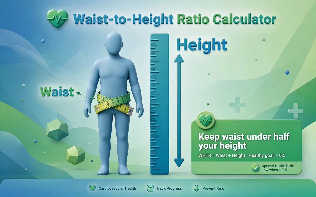 Waist-to-height hero: measuring tape around waist with height arrows and half-height rule