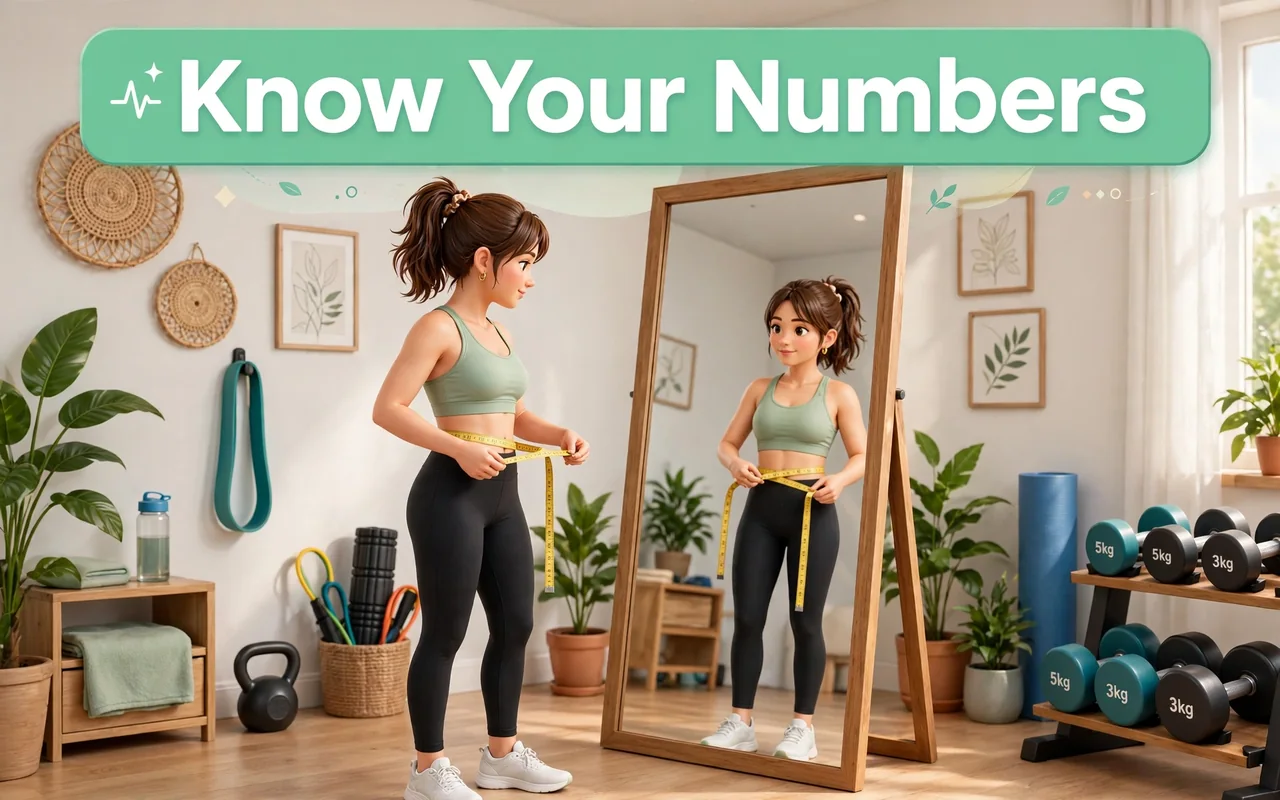Waist-to-height second hero: person measuring waist in front of mirror at home