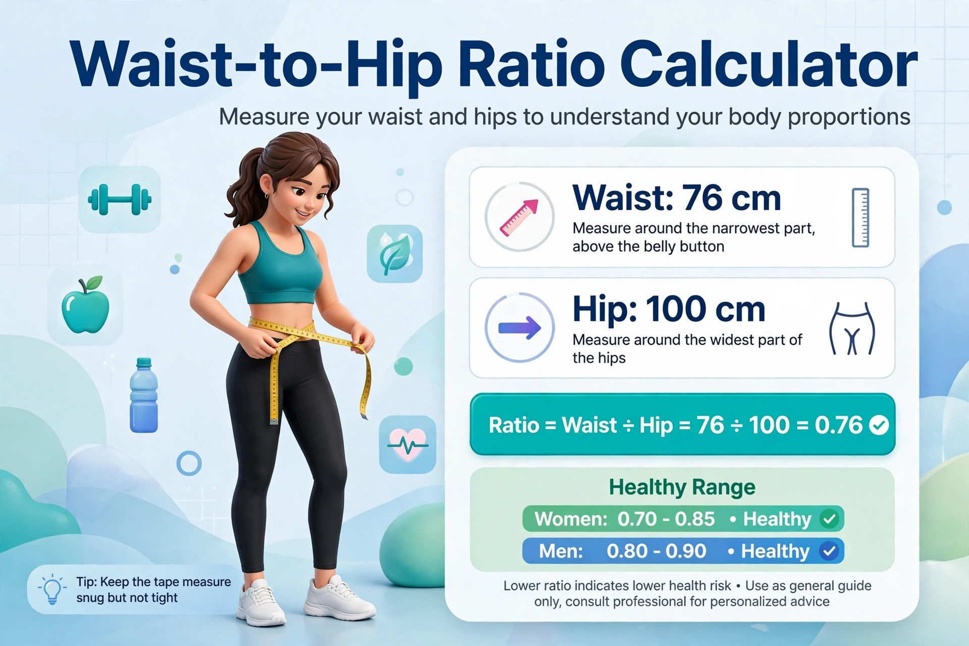 Person measuring waist with a tape measure for the waist-to-hip ratio calculator