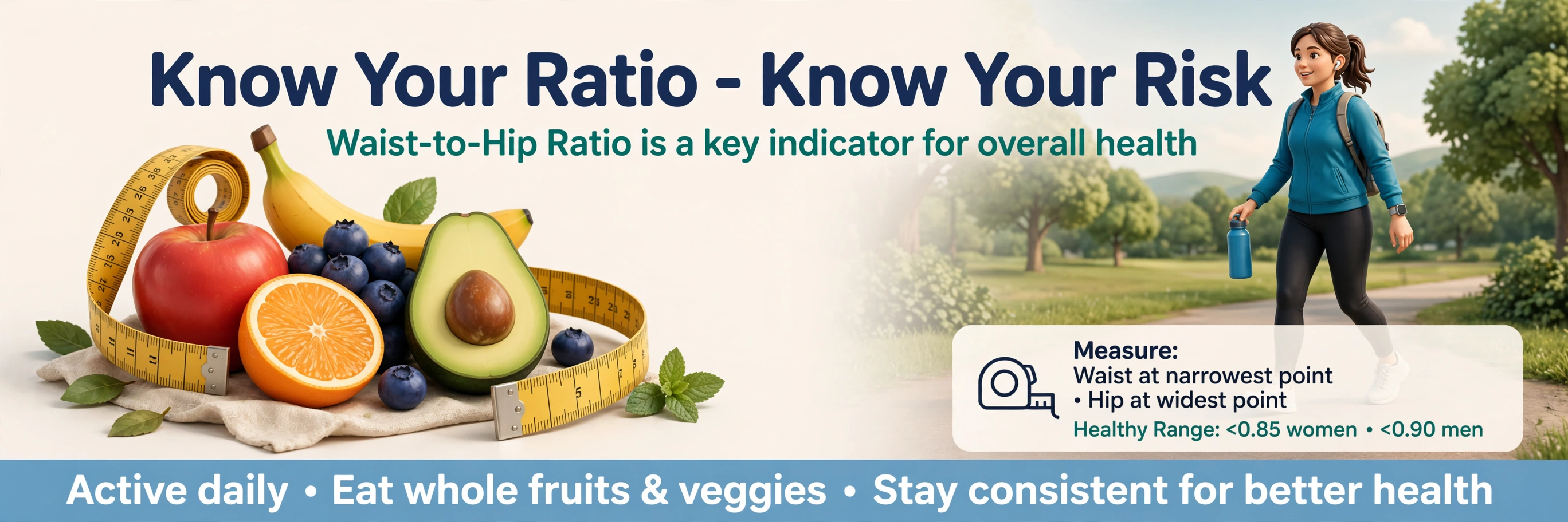 Healthy lifestyle scene with a measuring tape for waist-to-hip ratio tracking