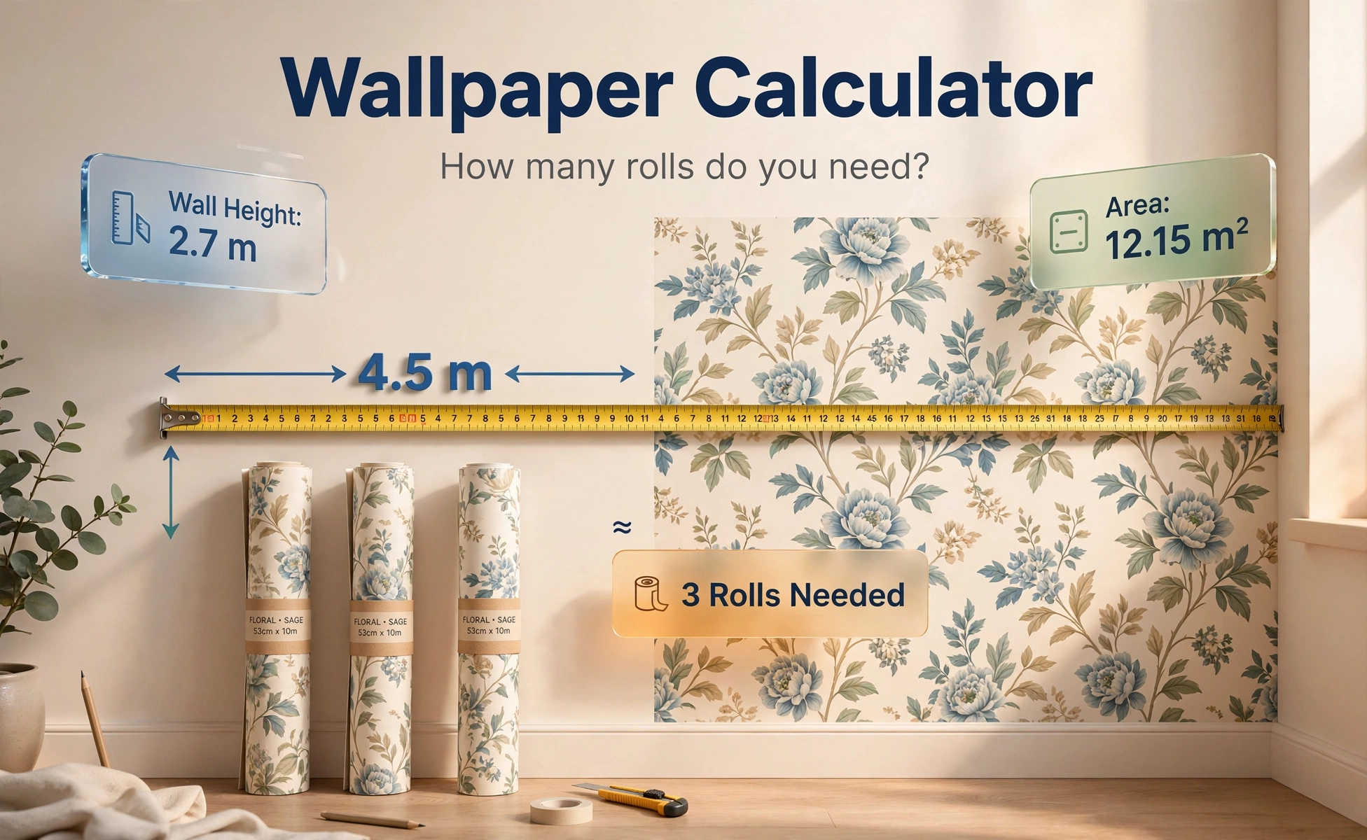 3D illustration of a wall being measured with a tape measure beside three wallpaper rolls, with floating cards showing wall height, area and rolls needed