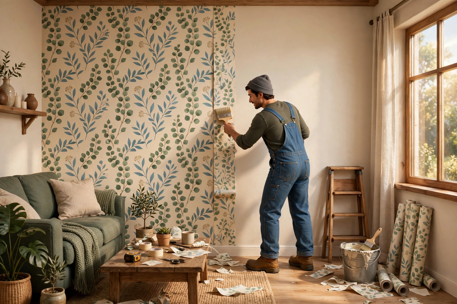 Illustration of a person smoothing a patterned wallpaper strip onto a living room wall with a brush, a ladder and wallpaper rolls nearby