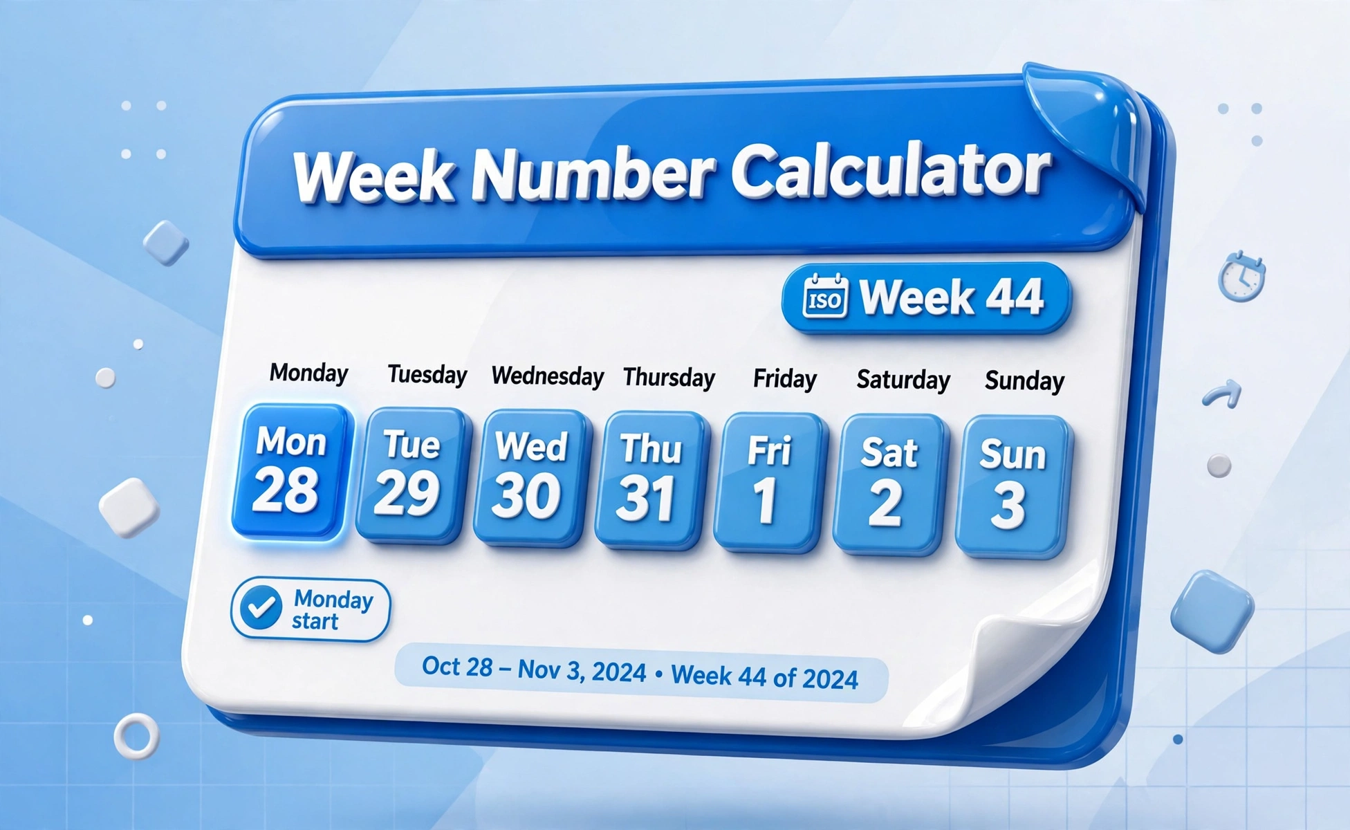 Week number calculator hero: large 3D calendar page with one week highlighted Monday to Sunday