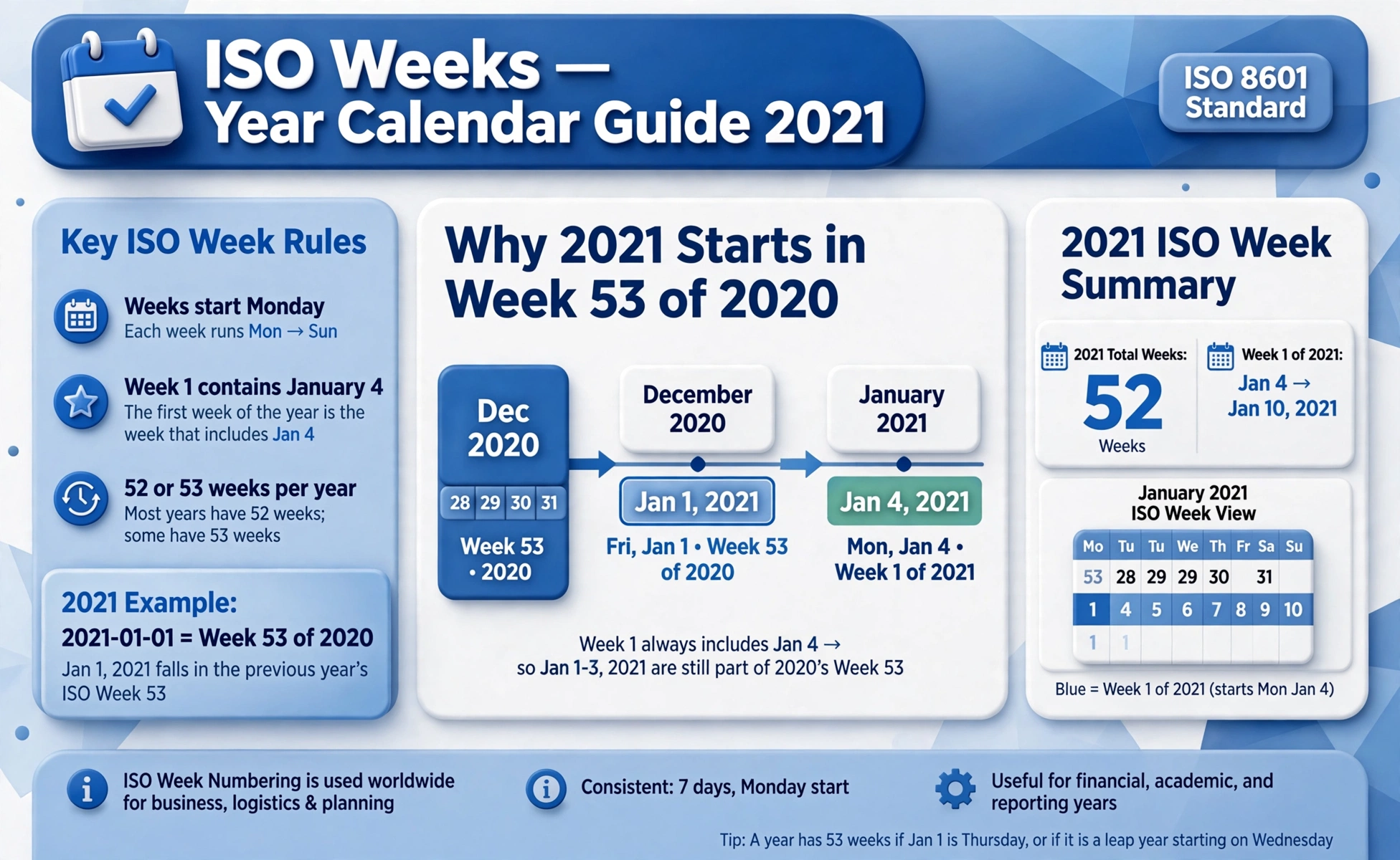 ISO weeks diagram: week 1 contains January 4, weeks start Monday, 52 or 53 weeks
