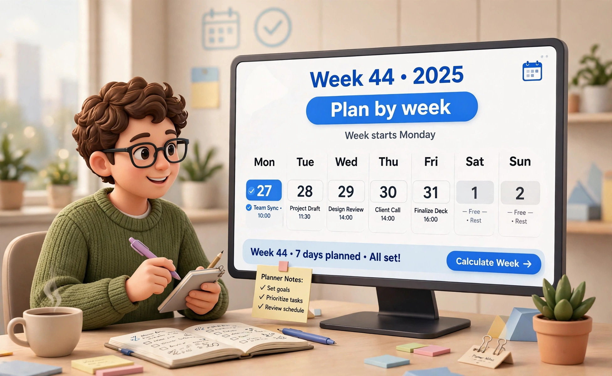 Week number calculator second hero: a person planning a work week on a large calendar screen
