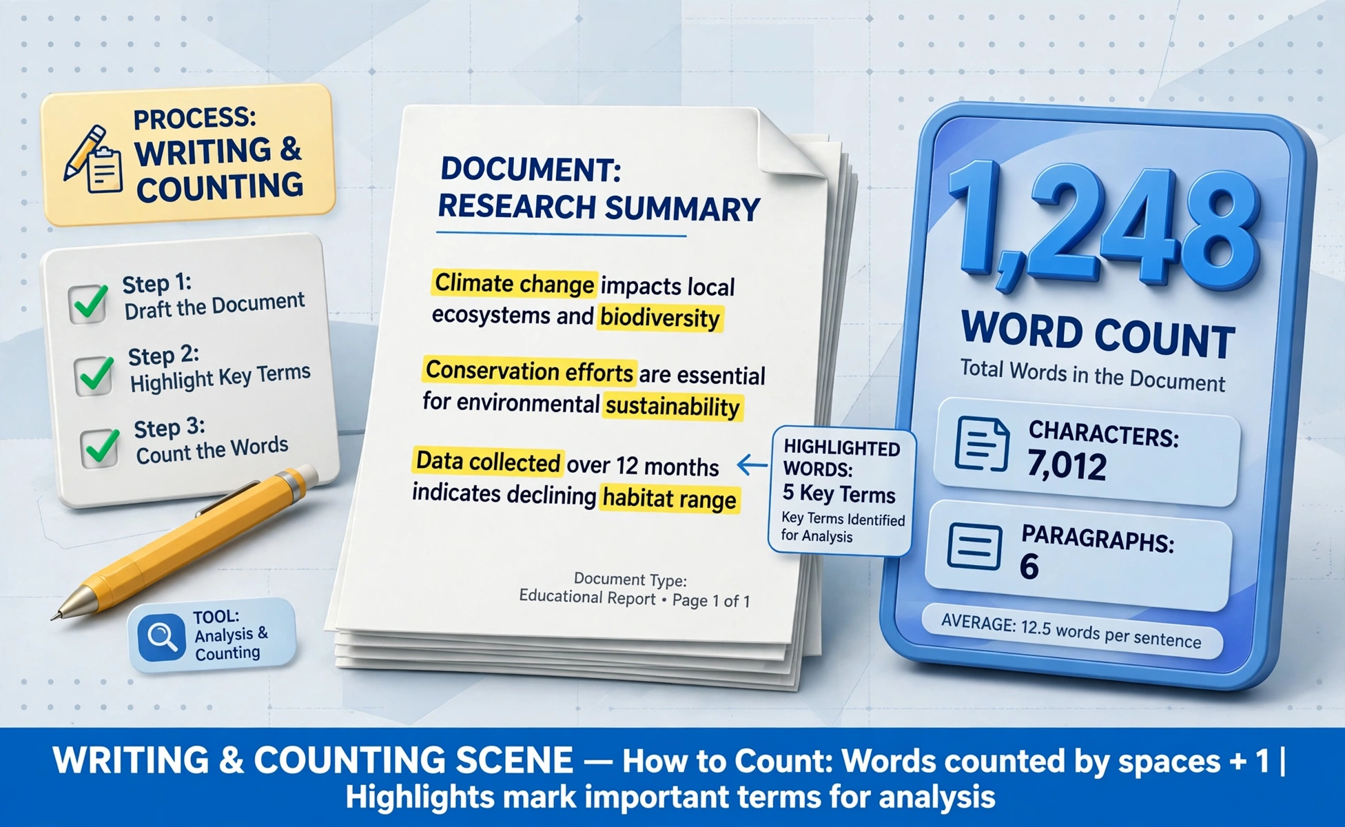 Word counter hero: professional 3D document with highlighted words and a large word count number