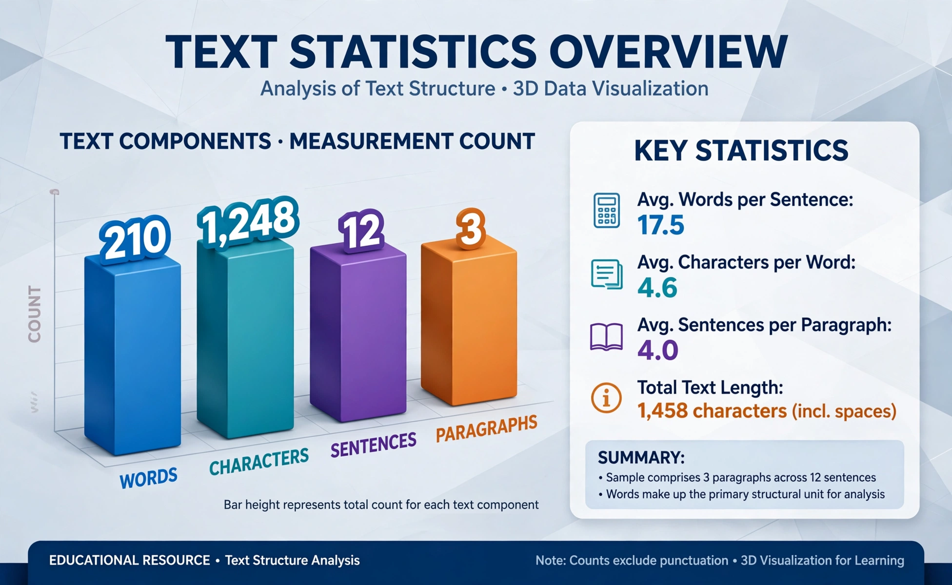 Word counter chart: words, characters, sentences, and paragraphs shown as labeled bars