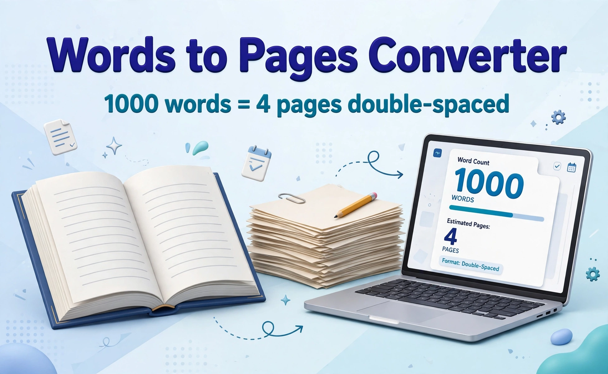 Words to pages converter hero: an open book and manuscript pages with a laptop showing 1000 words equals 4 pages double-spaced