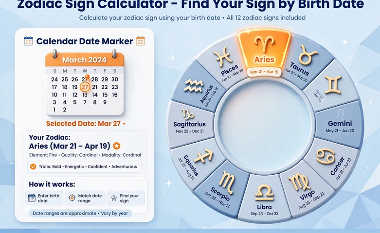 Zodiac wheel illustration showing all twelve zodiac signs with their symbols and names around a calendar