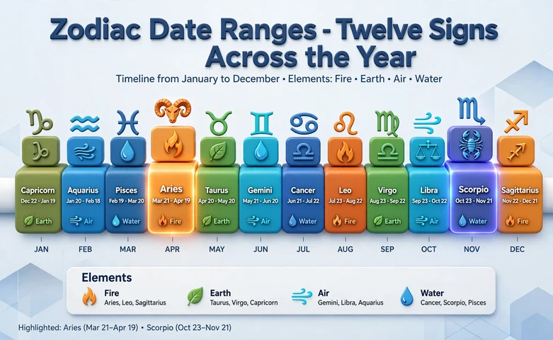 Zodiac date-range timeline chart from January to December showing each sign's date range, with Aries Mar 21-Apr 19 and Scorpio Oct 23-Nov 21 highlighted