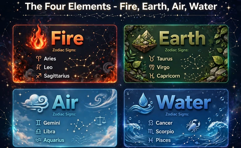 Four elements infographic: Fire, Earth, Air and Water panels listing the three zodiac signs under each element
